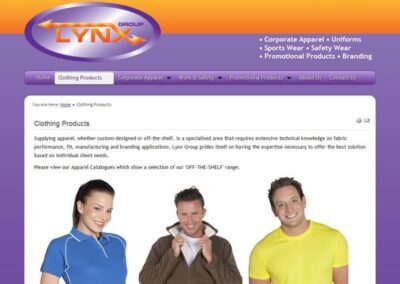Lynx Group Clothing Products main page leading to a number of subpage;