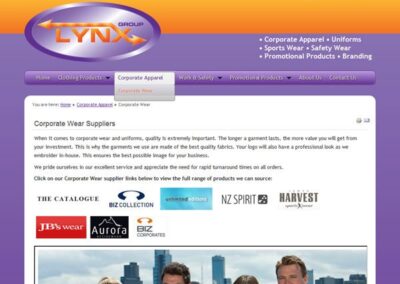 Lynx Group Corporate Wear Suppliers page, a sub-page of the Corporate Apparel page;