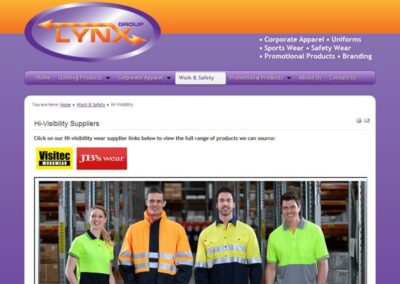 Lynx Group Hi-Visibility Suppliers page, a sub-page of the Work & Safety page;