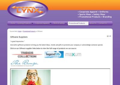 Lynx Group Giftware Suppliers page, a sub-page of the Promotional Products page;