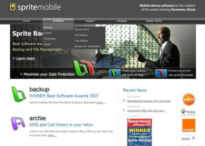 spritemobile Original home page with logo and header animation, with dynamic three state navigation menu;
